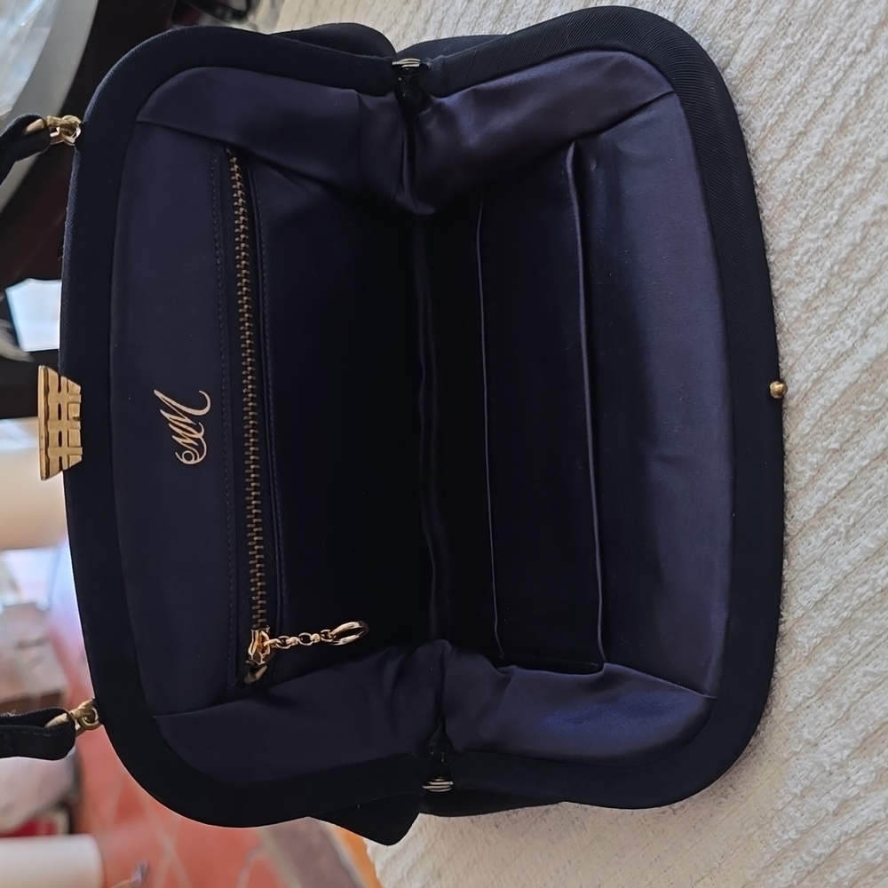 Birks - Navy Pleated Evening Handbag with Gold Hardware​ - Picture 5 of 13